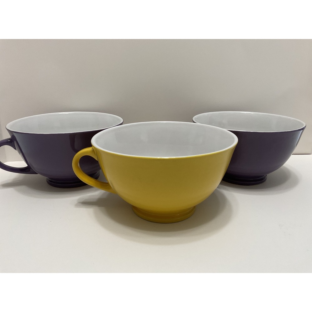 Mr. Coffee Ceramic Soup Mugs Set of 3 Purple Yellow Oversized 24oz Footed Cups
